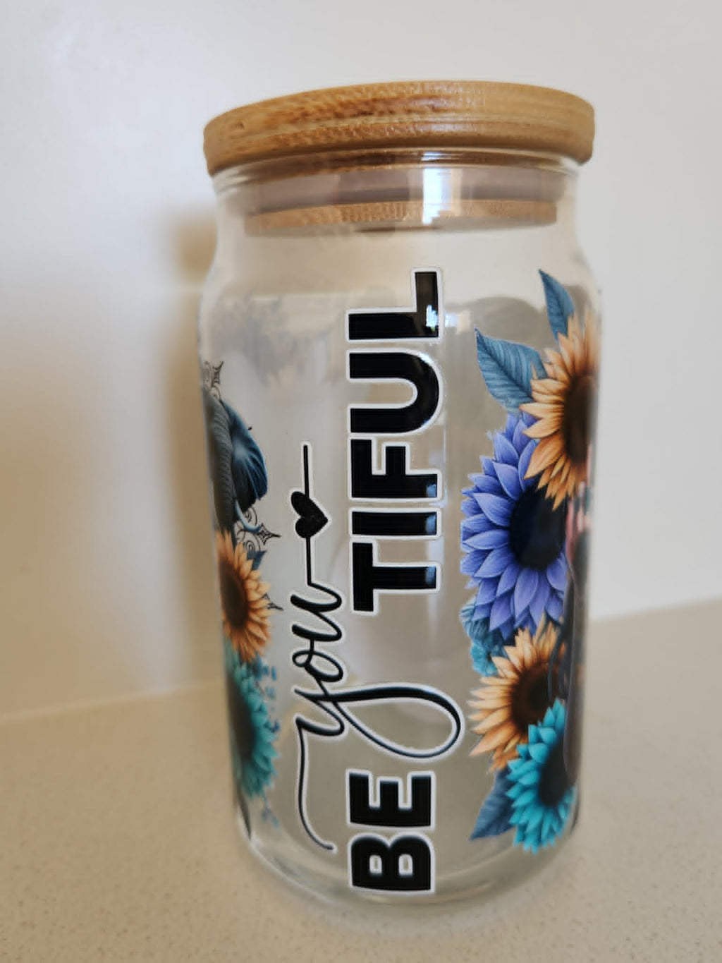 16oz Glass Libby Cup - Be-YOU-tiful text with colourful sunflowers gold purple teal and bamboo lid