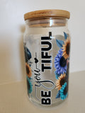16oz Glass Libby Cup - Be-YOU-tiful text with colourful sunflowers gold purple teal and bamboo lid