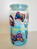 16oz Glass Libby Cup - Gamer design front view with blue controller and headphones