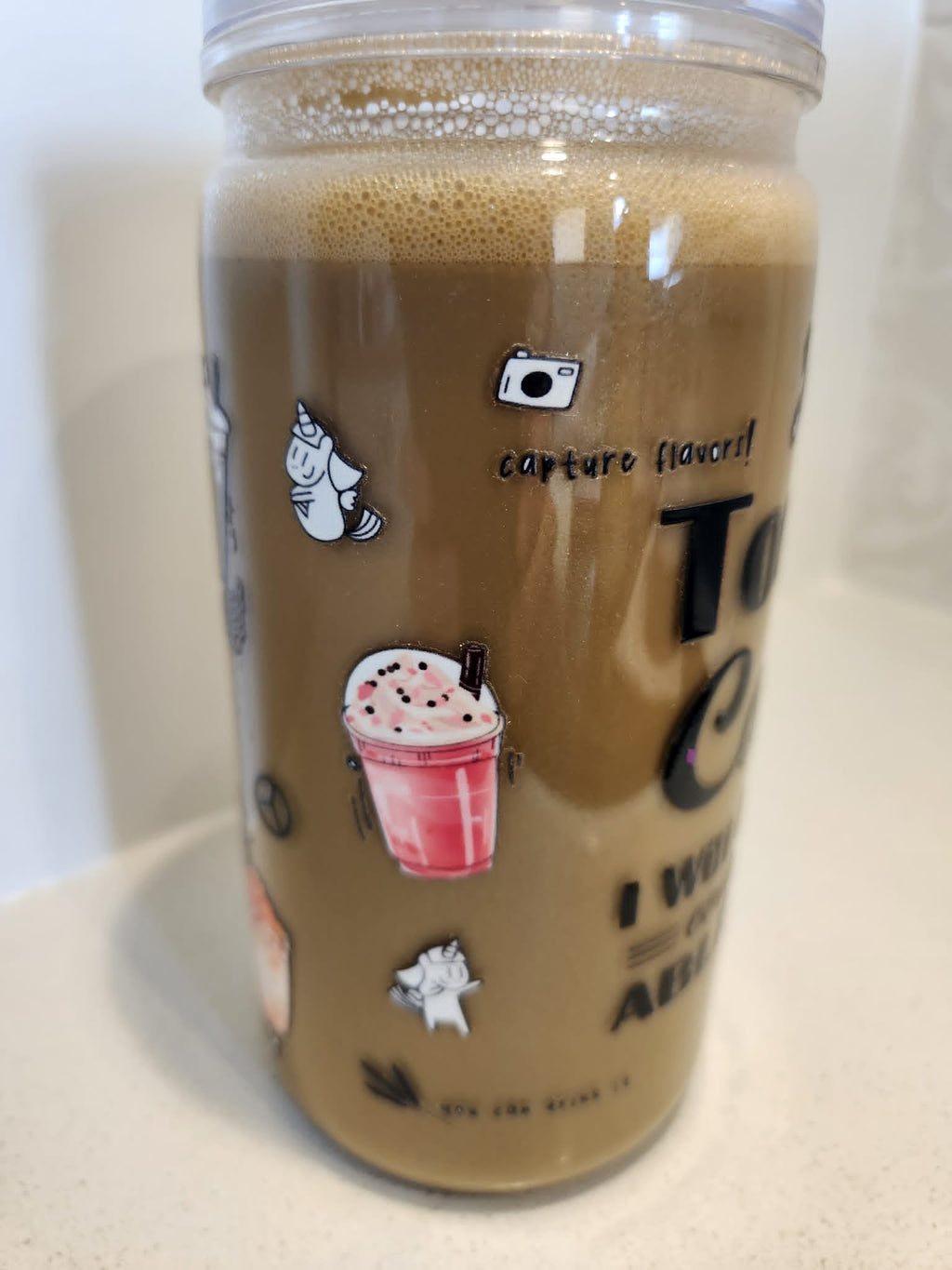 Don't Touch My Coffee acrylic Libby cup - side view showing coffee illustrations and capture flavors text