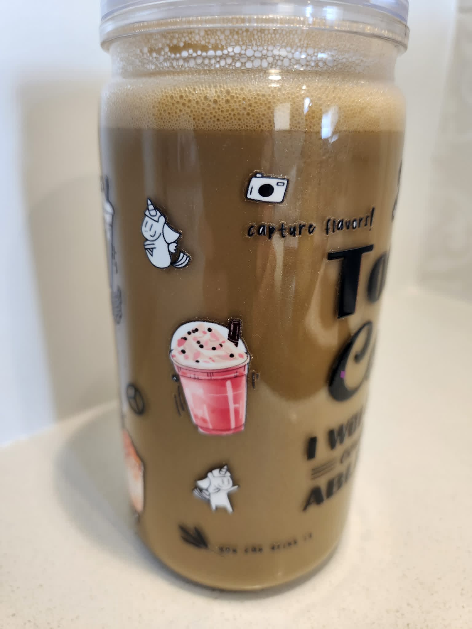 Don't Touch My Coffee acrylic Libby cup - side view showing coffee illustrations and capture flavors text
