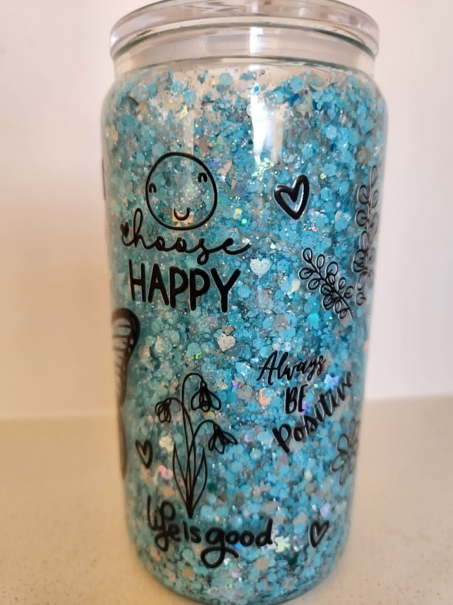 16oz Acrylic Snow Globe - Choose Happy and Always Be Positive affirmations with teal glitter
