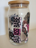 16oz Glass Libby Cup - Badass Babe text with gothic dark sunflowers and butterfly design