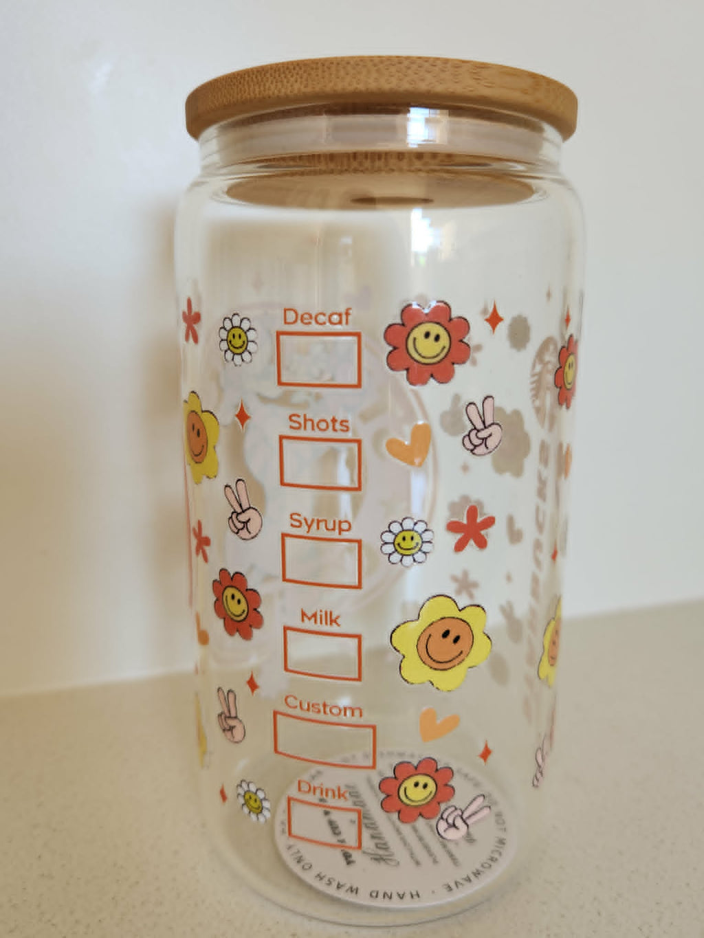16oz Glass Libby Cup - Starbucks coffee order checklist side with smiley flowers