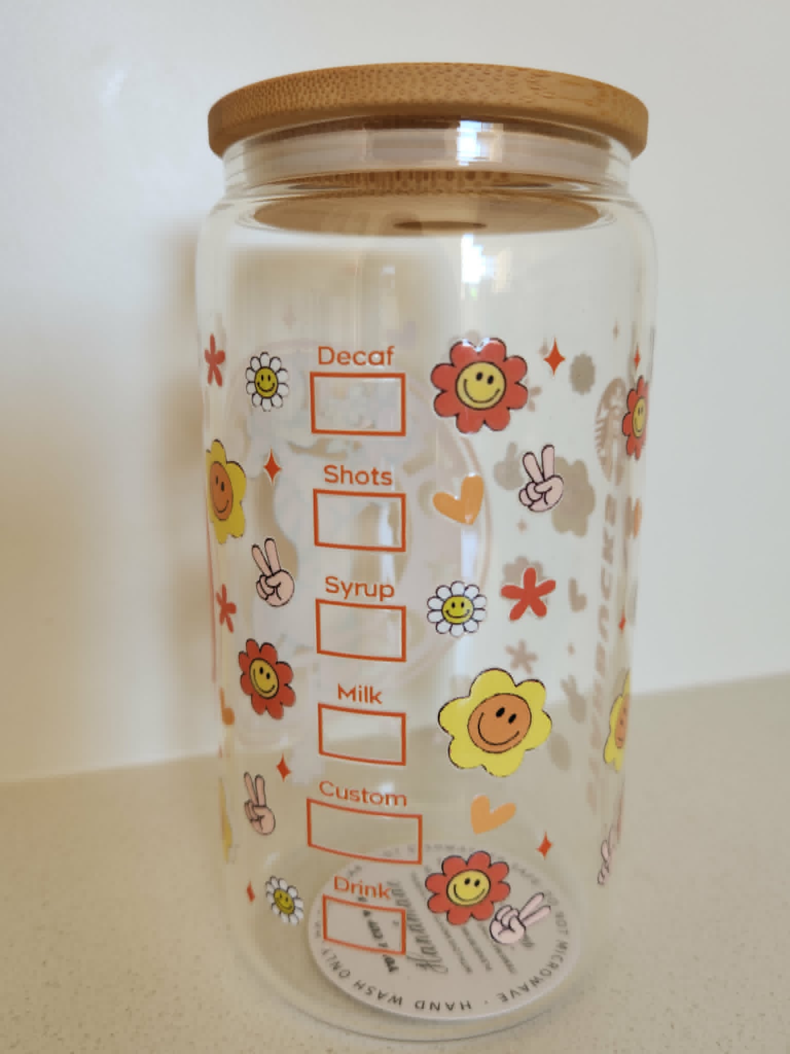 16oz Glass Libby Cup - Starbucks coffee order checklist side with smiley flowers