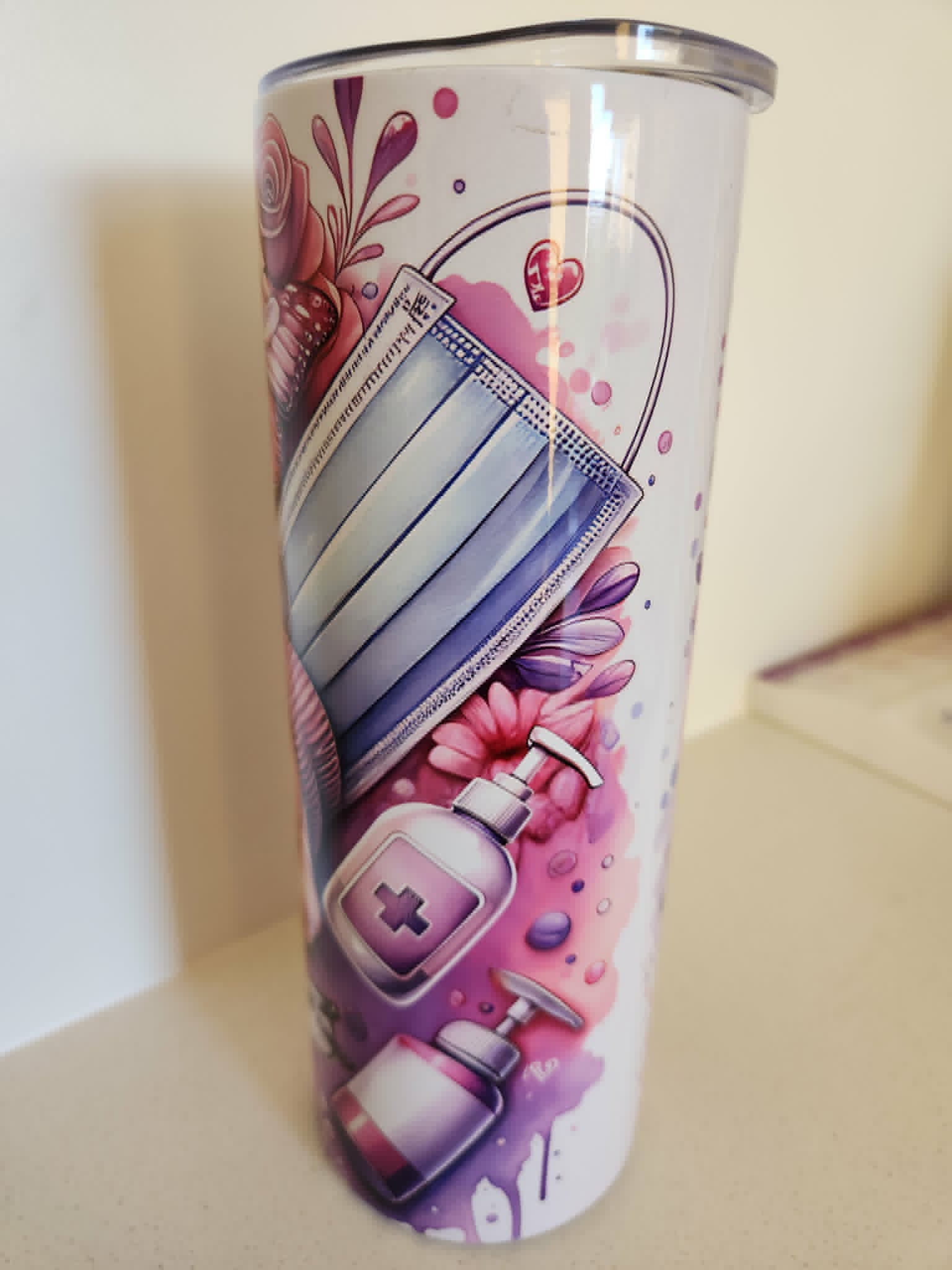 Caregiver tumbler - side view with face mask and hand sanitiser design