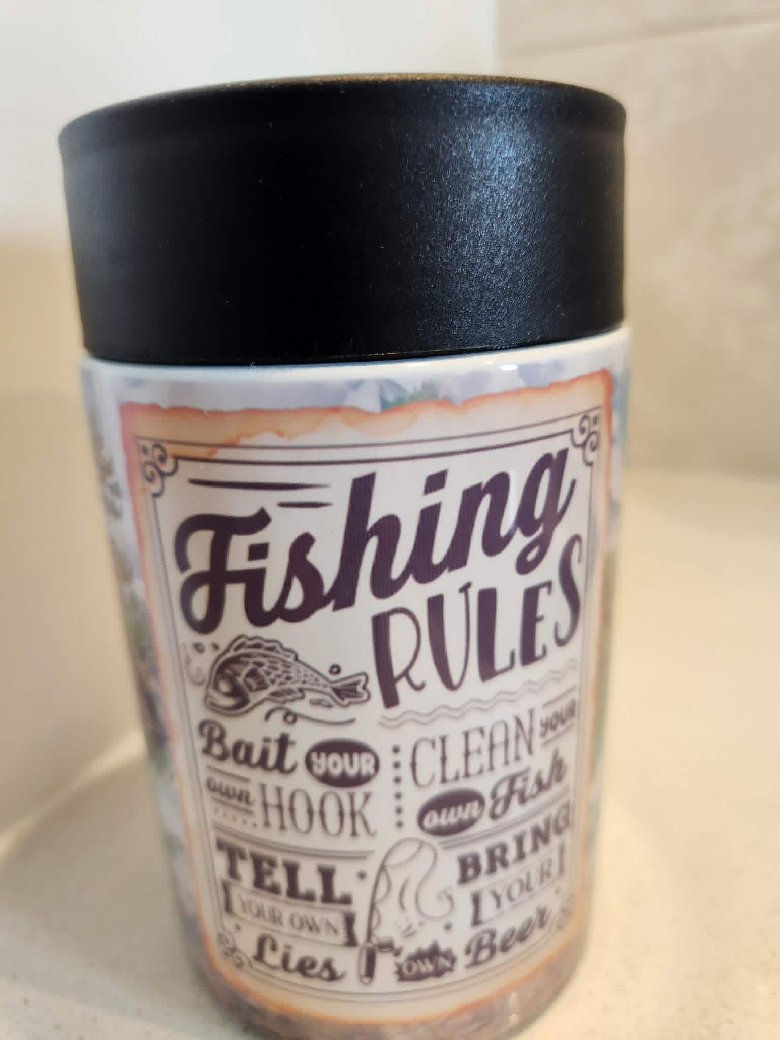 Fishing Rules can cooler - side view showing full vintage label design with fish illustration and decorative border