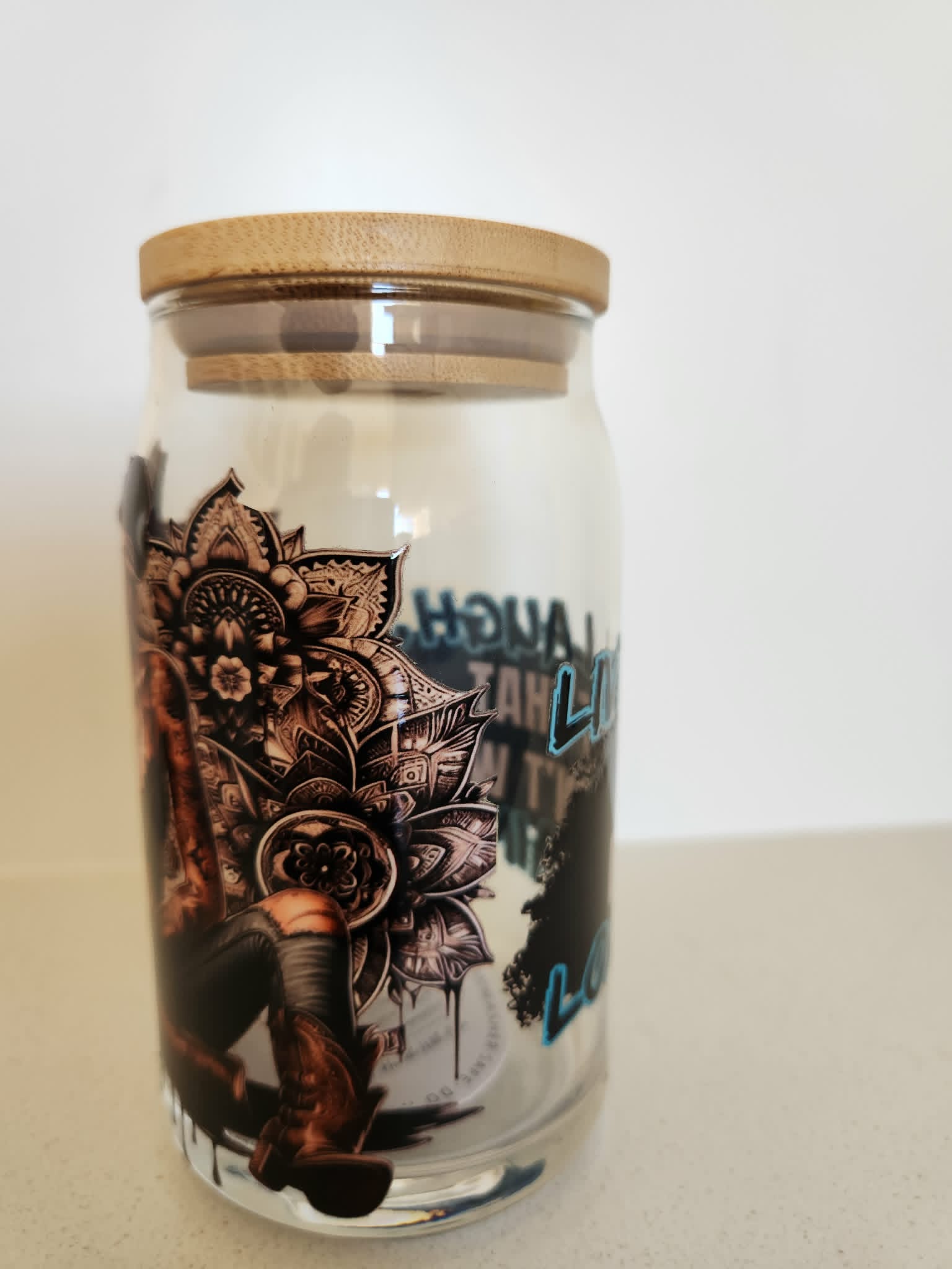 16oz Glass Libby Cup - Cowgirl mandala design side view
