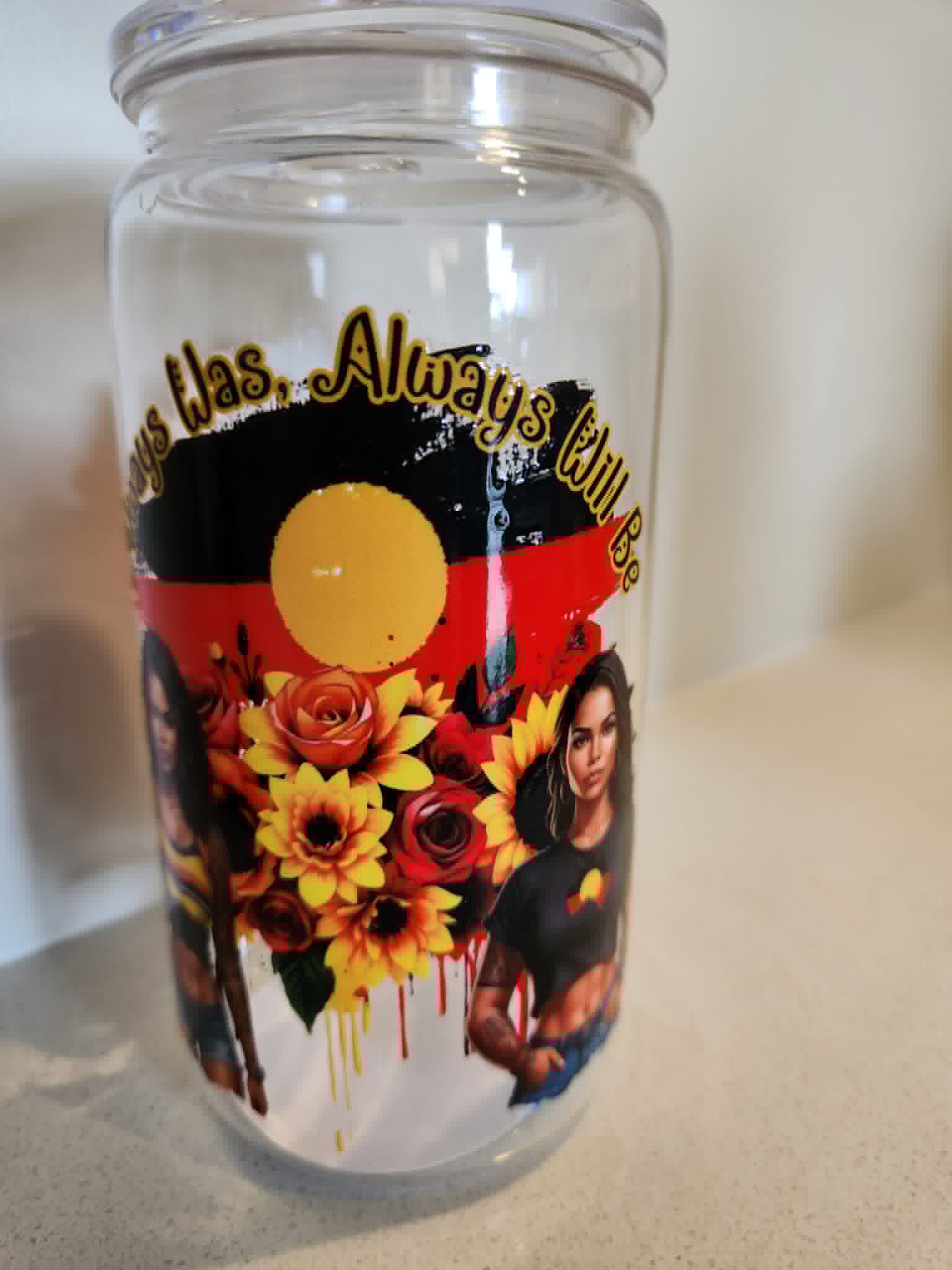 Always Was Always Will Be acrylic Libby cup - front view showing Aboriginal flag with Indigenous women and sunflowers