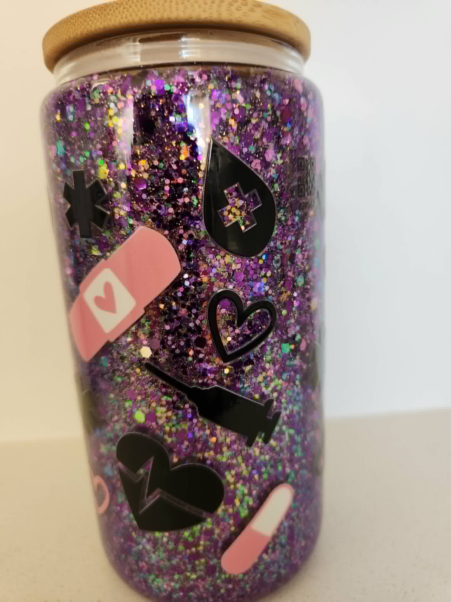 16oz Snow Globe Glass Libby Cup - purple glitter with pink bandaid blood drop and syringe medical icons