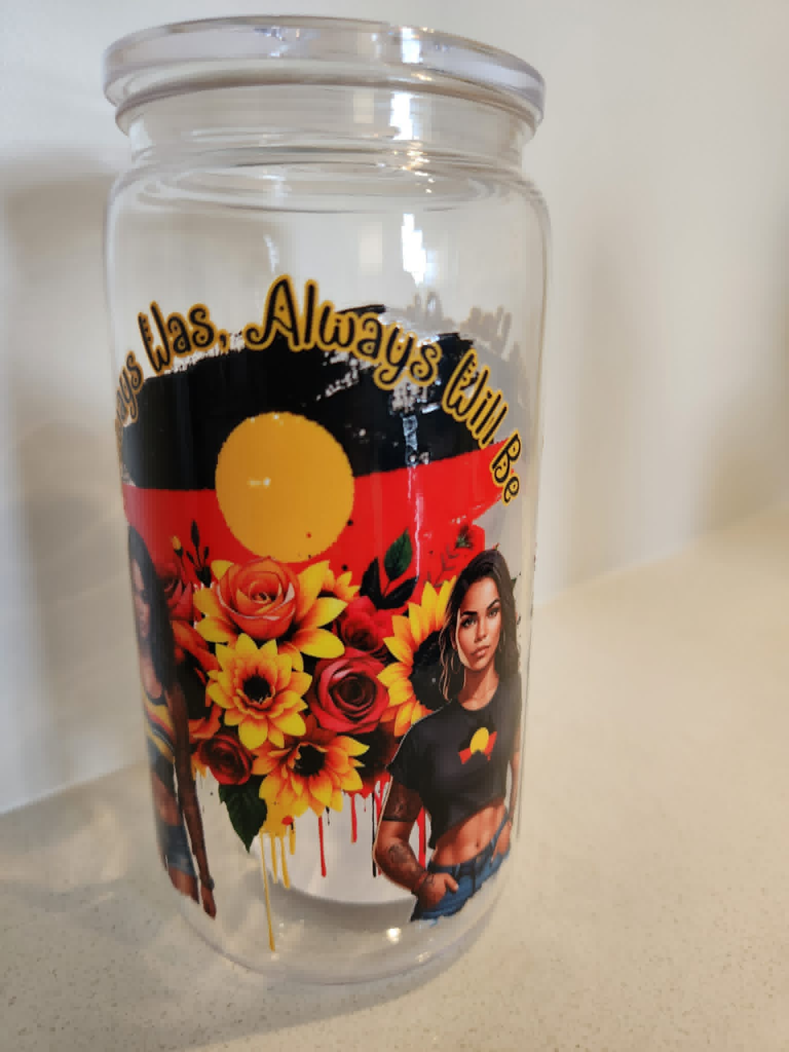Always Was Always Will Be acrylic Libby cup - side view showing full wrap design with roses and paint drips in flag colours