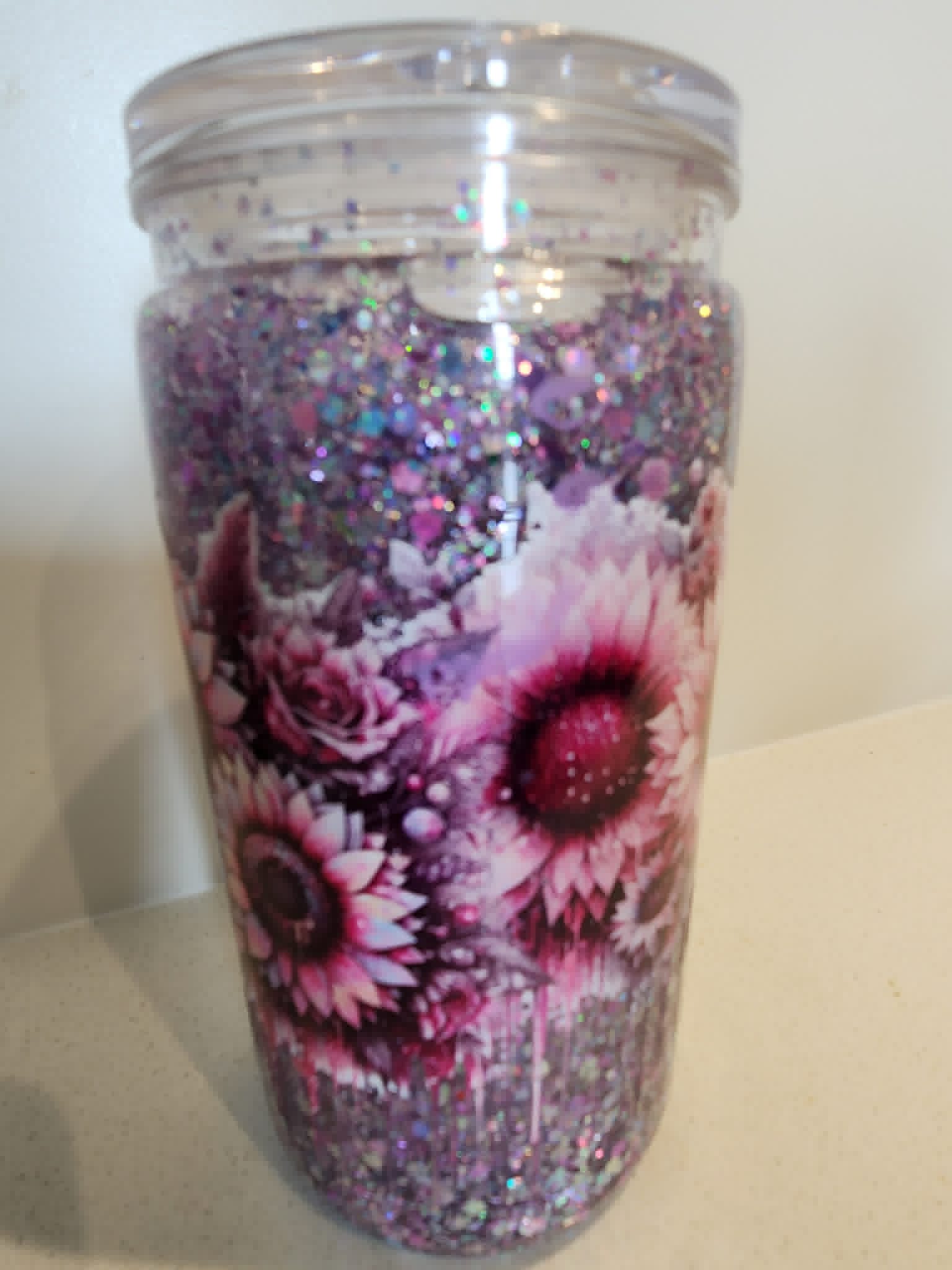 Purple Sunflower Rose snow globe acrylic Libby cup - side view showing roses and sunflowers with purple glitter