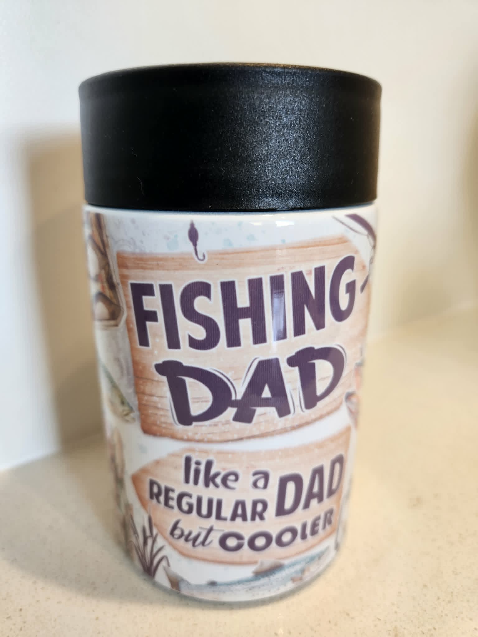 Fishing Dad can cooler - front view showing Fishing Dad Like A Regular Dad But Cooler text in vintage style