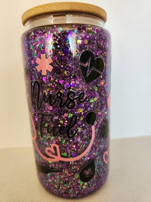 16oz Snow Globe Glass Libby Cup - Nurse Fuel text with pink star of life and heartbeat icons