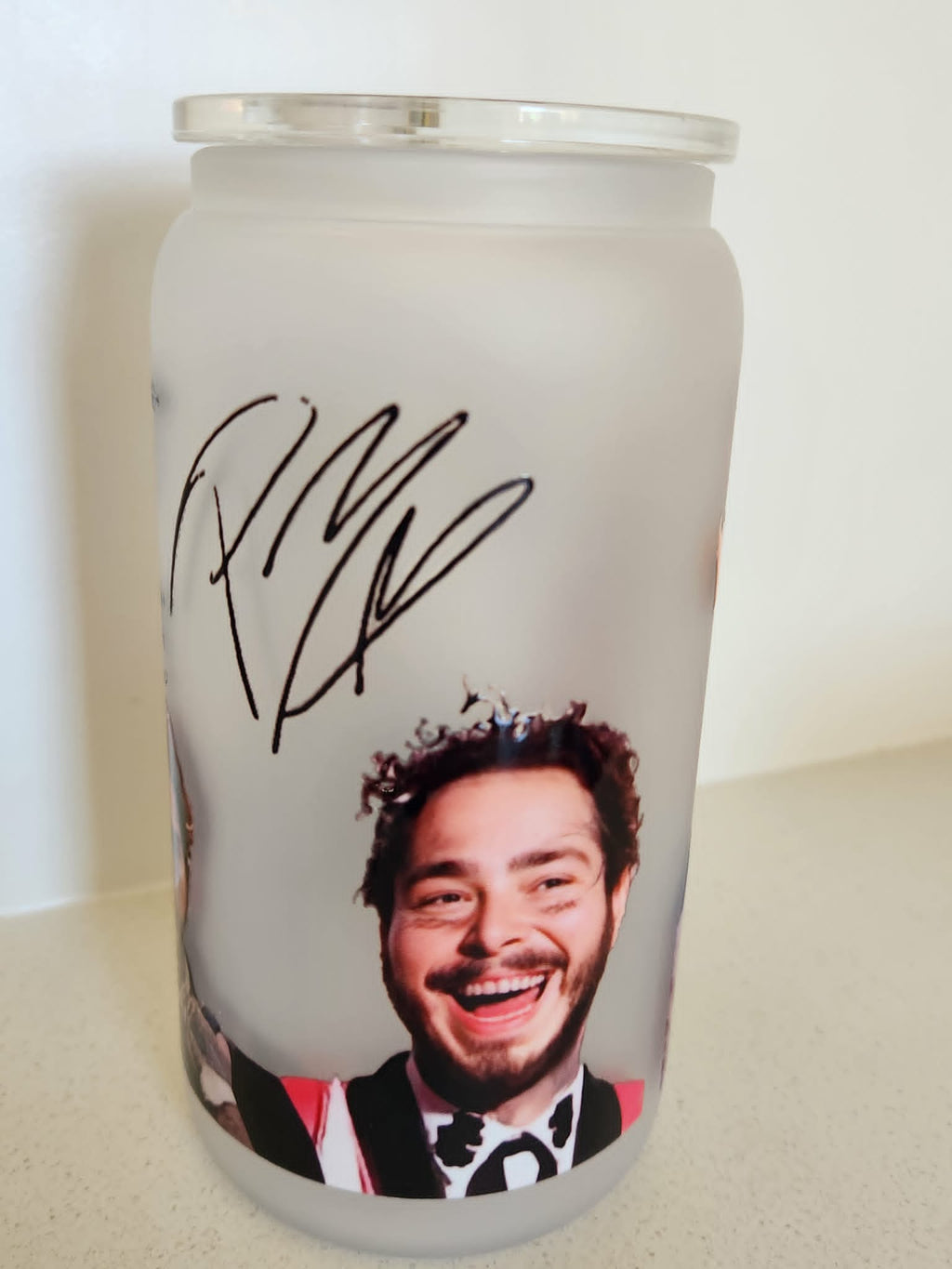 16oz Frosted Glass Libby Cup - Post Malone signature and photo design front view