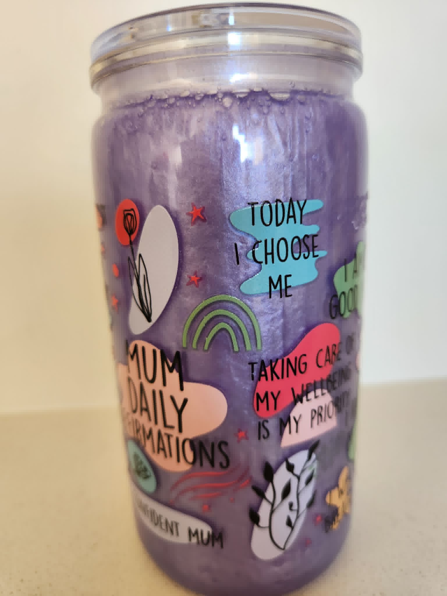 16oz Glass Snow Globe - Mum's Daily Affirmations purple cup front view with Today I Choose Me
