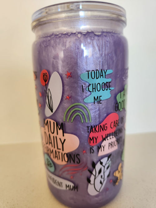 16oz Glass Snow Globe - Mum's Daily Affirmations purple cup front view with Today I Choose Me