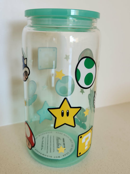 16oz Glass Libby Cup - Super Mario icons including Super Star, Yoshi egg, question block and mushroom with mint lid