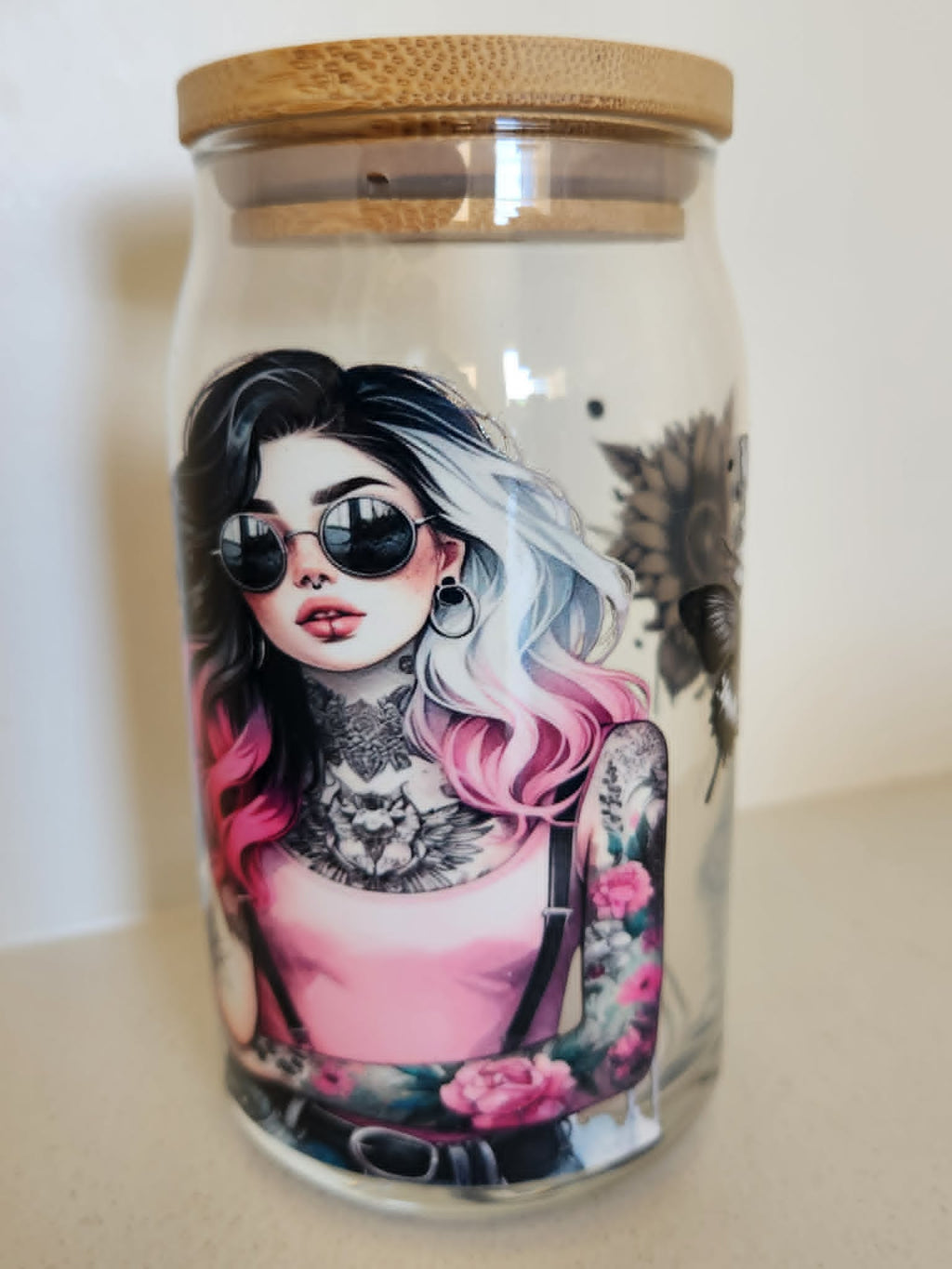 16oz Glass Libby Cup - tattooed girl with pink ombre hair and sunglasses Badass Babe design