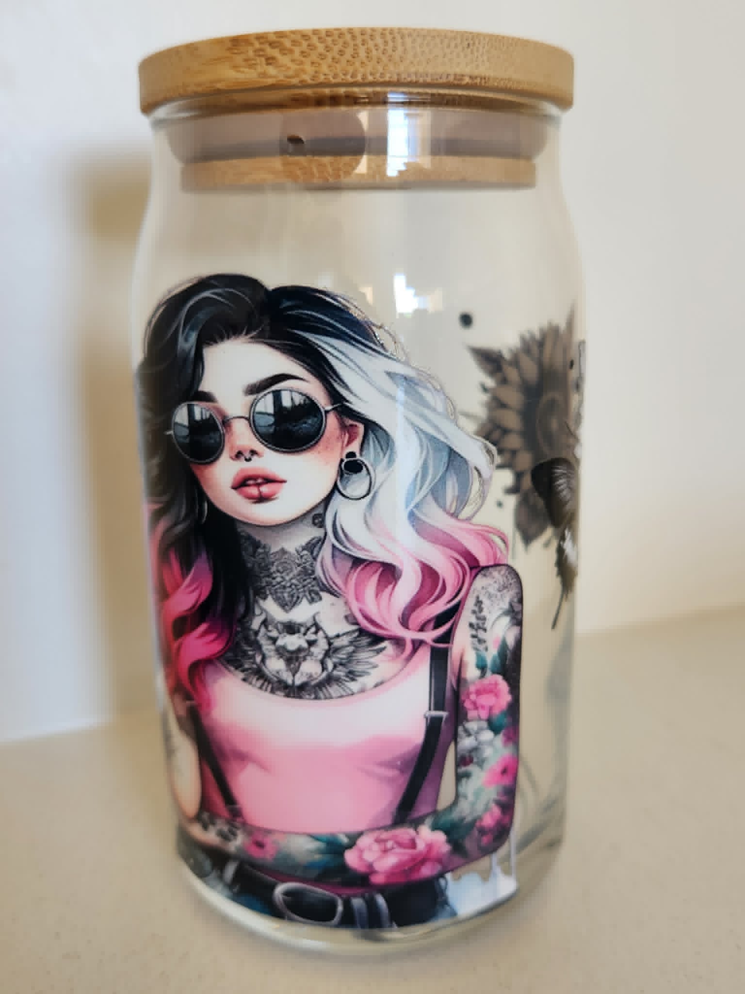 16oz Glass Libby Cup - tattooed girl with pink ombre hair and sunglasses Badass Babe design