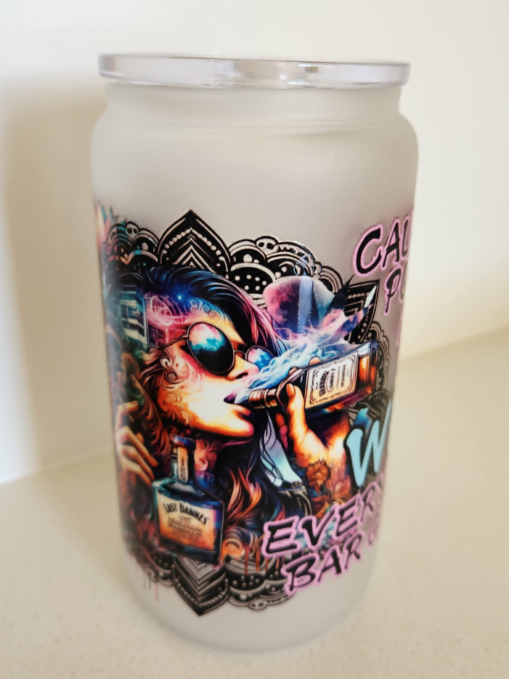 16oz Frosted Glass Libby Cup - Whiskey girl character design
