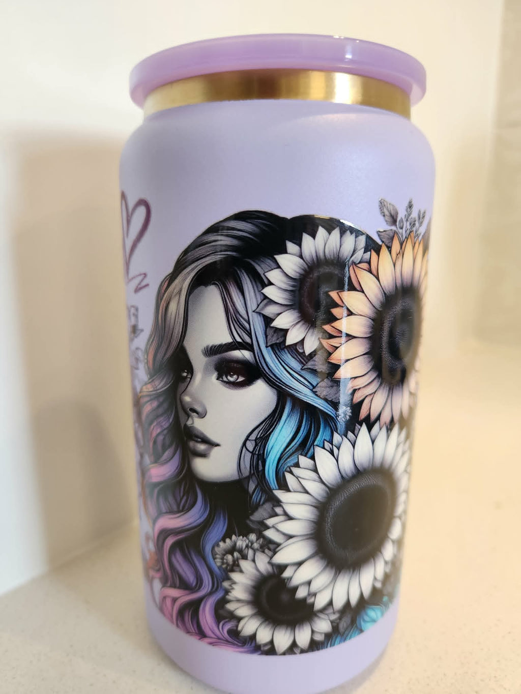 Boho Sunflower Girl stainless steel Libby cup - side view showing full wrap with sunflowers and girl with pink heart detail