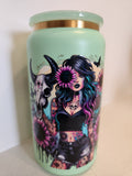 You Are Stronger Than The Storm stainless steel Libby cup - front view showing tattooed woman with bull skull and pink sunflowers