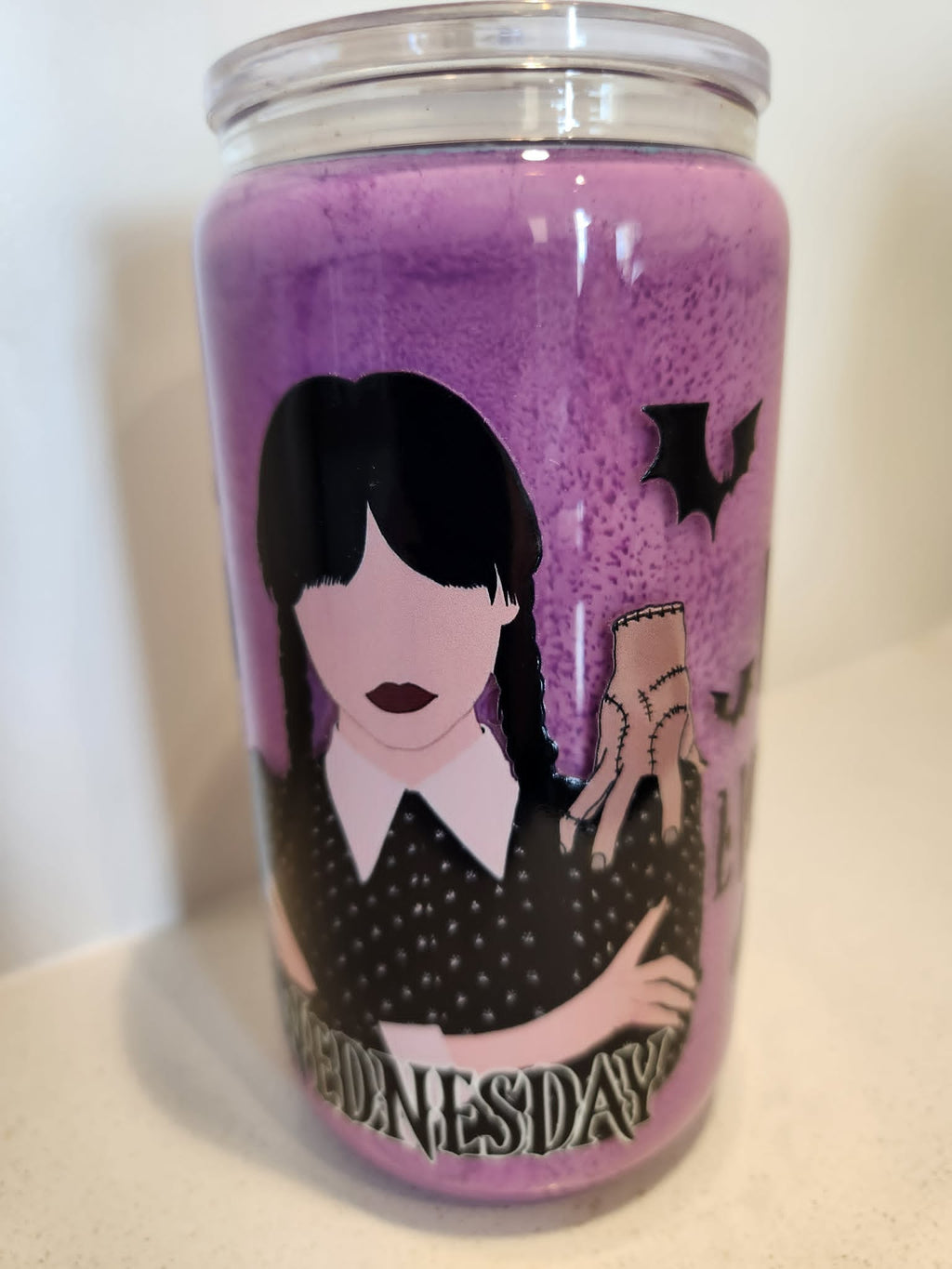 Wednesday Addams snow globe acrylic Libby cup - Wednesday and Thing side with purple glitter snow globe effect