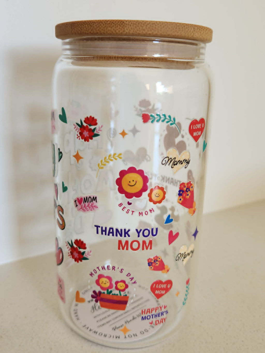 16oz Glass Libby Cup - Mother's Day sticker collage design with Thank You Mom