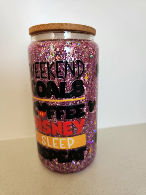 16oz Snow Globe Glass Libby Cup - Weekend Goals Coffee Disney Sleep Repeat pink glitter design