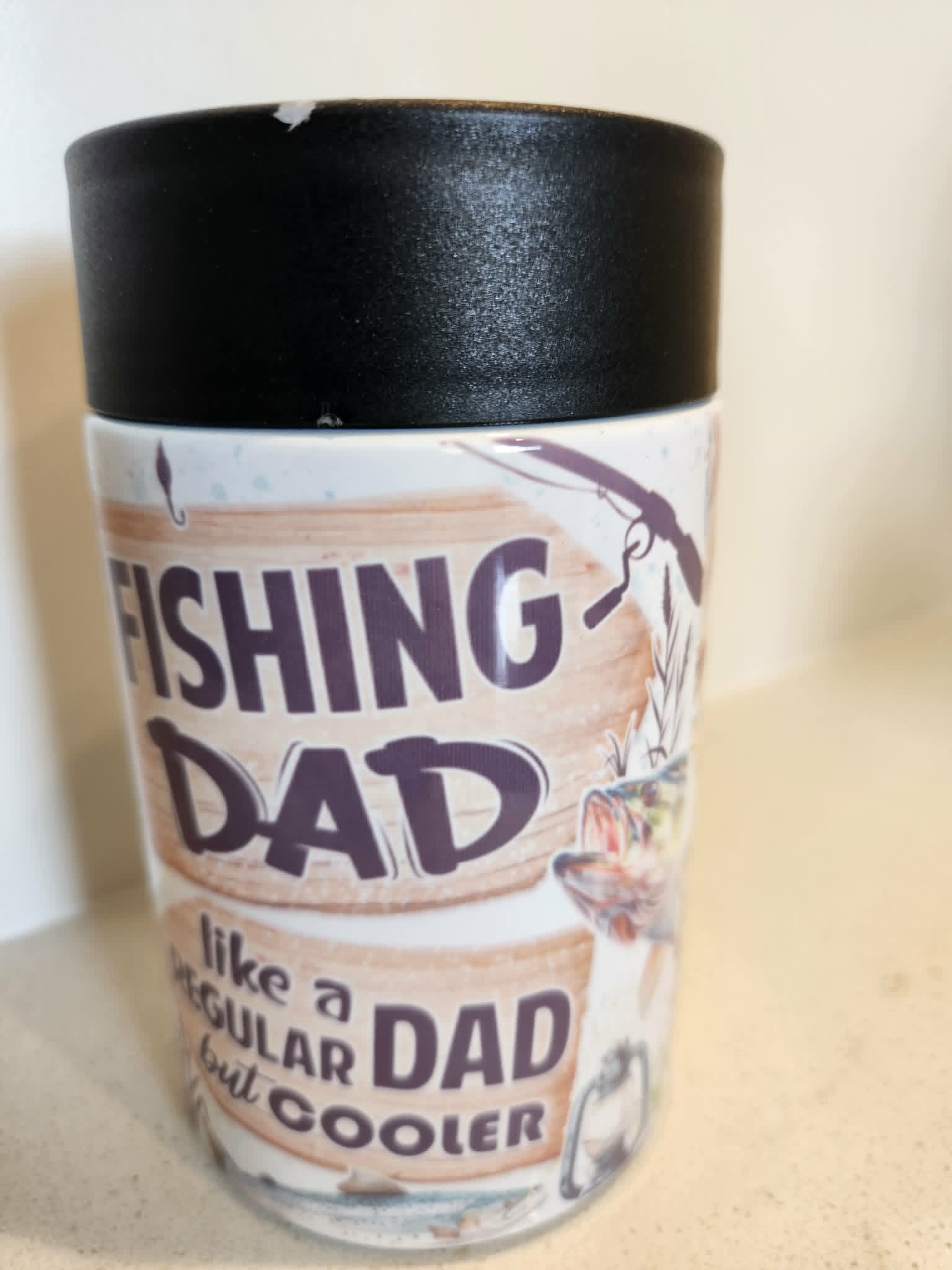 Fishing Dad can cooler - back view showing fishing rod reel and fish watercolour illustrations