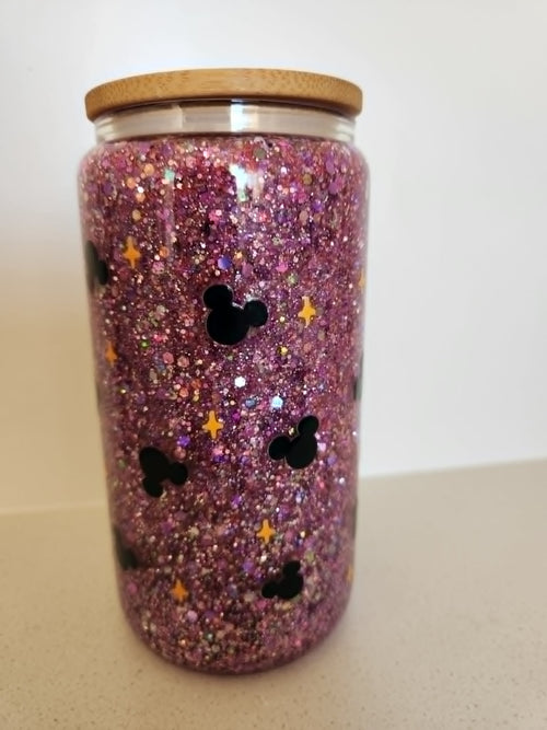 16oz Snow Globe Glass Libby Cup - Mickey Mouse silhouettes with gold sparkle stars pink glitter