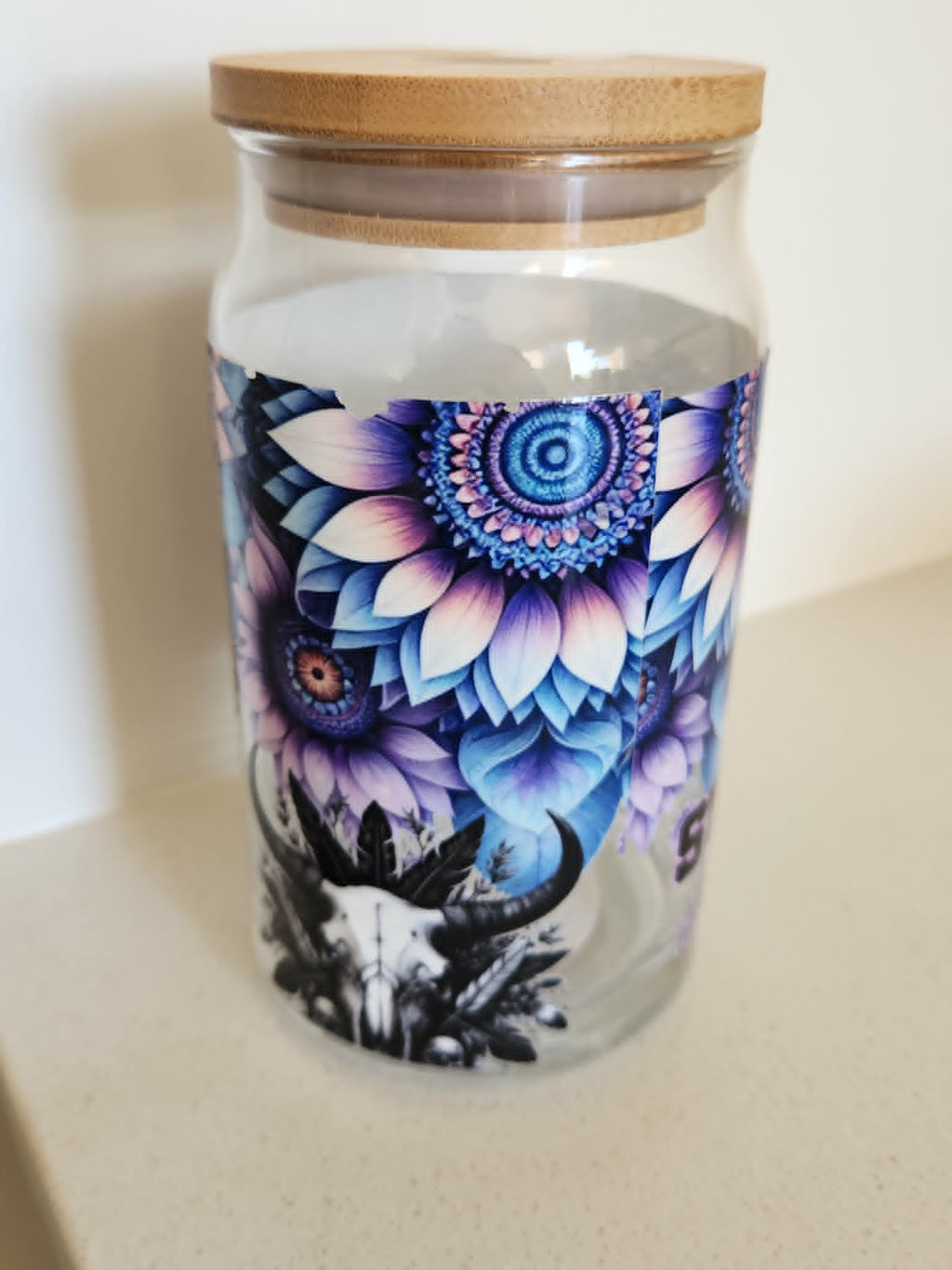 16oz Glass Libby Cup - Purple mandala floral design with skull