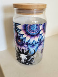 16oz Glass Libby Cup - Purple mandala floral design with skull