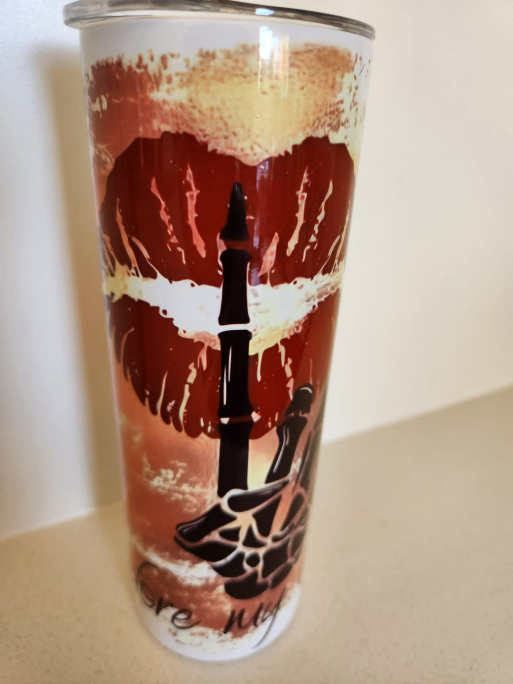Shhh Not Before Coffee tumbler - front view with Shhh text and brushstroke design
