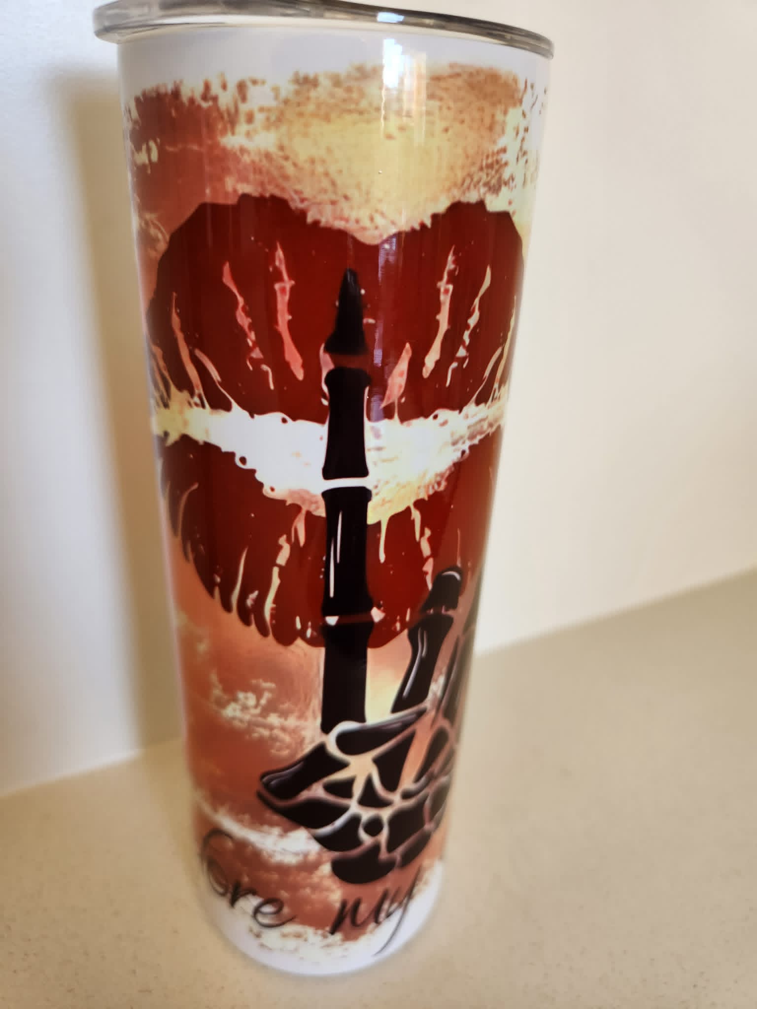 Shhh Not Before Coffee tumbler - front view with Shhh text and brushstroke design