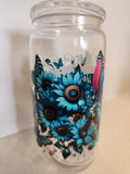 Stitch Blue Sunflower Butterfly acrylic Libby cup - side view showing teal sunflowers and leopard butterflies