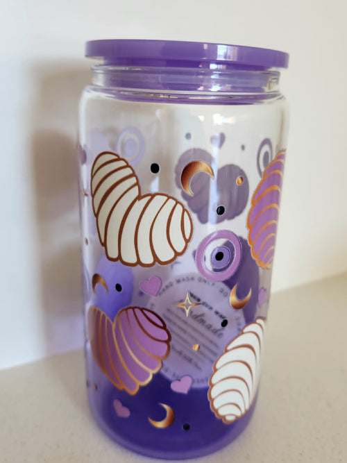 16oz Glass Libby Cup - Purple shell and evil eye design front view with purple lid