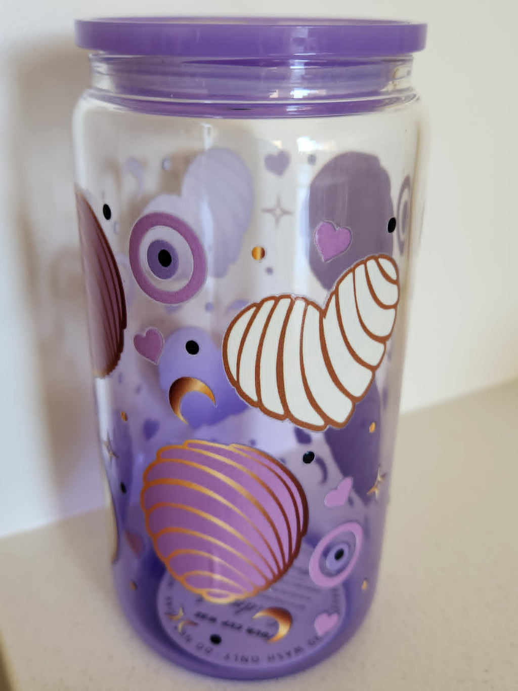 16oz Glass Libby Cup - Purple shell and evil eye design side view with crescent moons