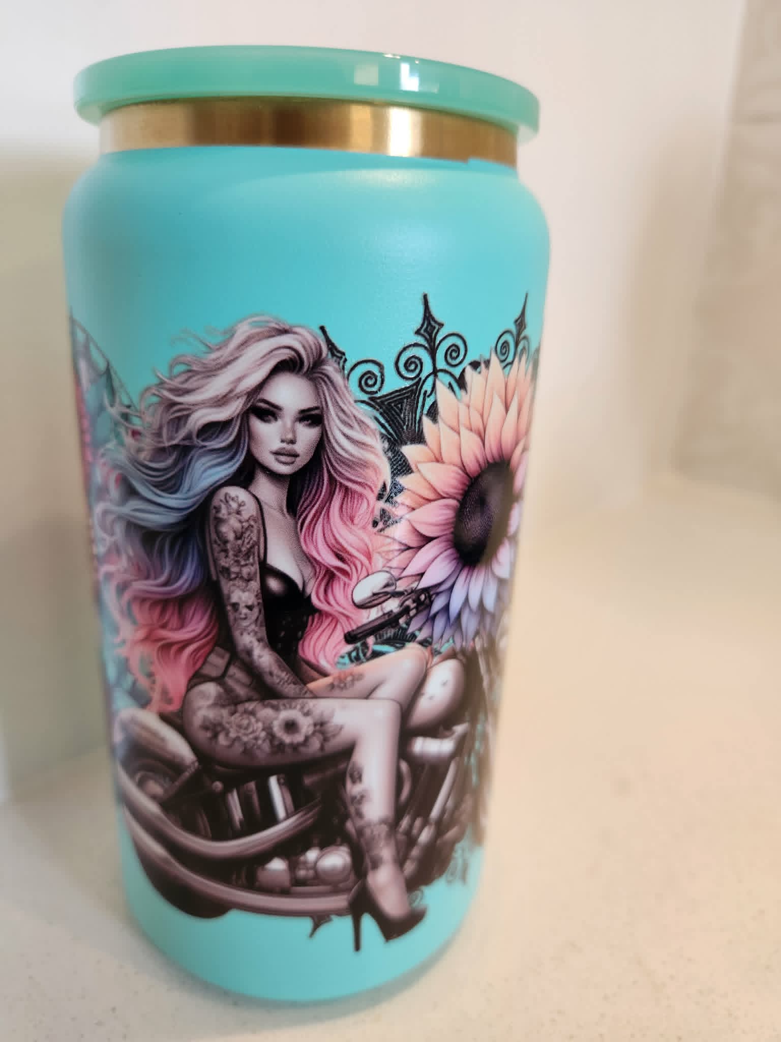 Over Stimulated stainless steel Libby cup - tattooed babe side showing pink haired woman with sunflowers