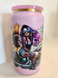 I Gotta Good Heart But This Mouth stainless steel Libby cup - front view showing tattooed babe with purple hair on motorcycle with sunflowers