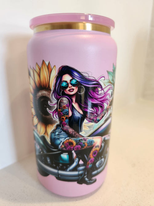 I Gotta Good Heart But This Mouth stainless steel Libby cup - front view showing tattooed babe with purple hair on motorcycle with sunflowers