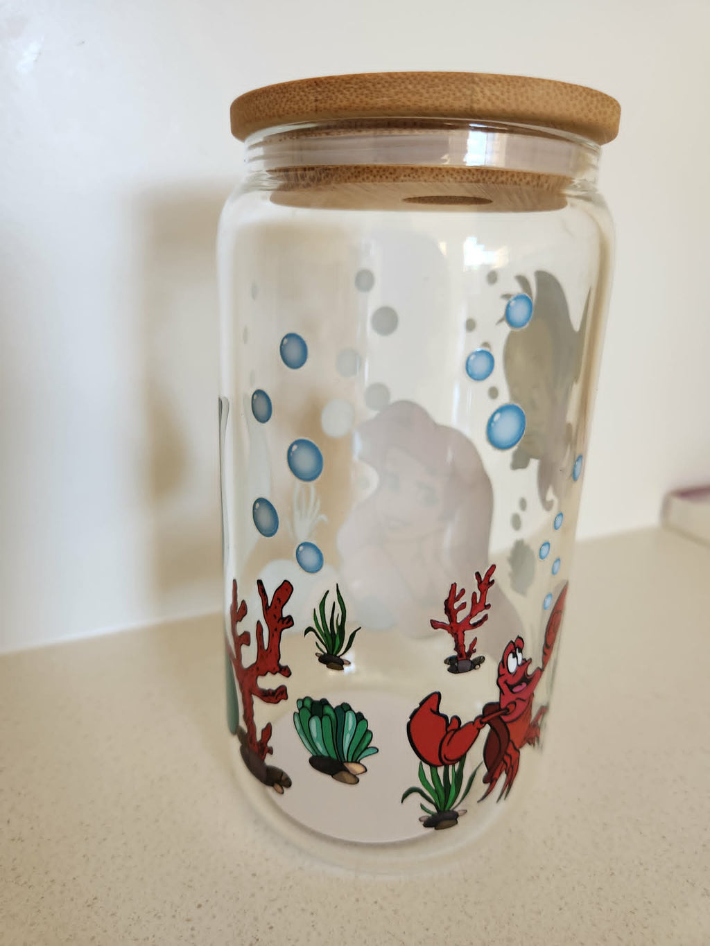 16oz Glass Libby Cup - Little Mermaid under the sea design with Sebastian and coral