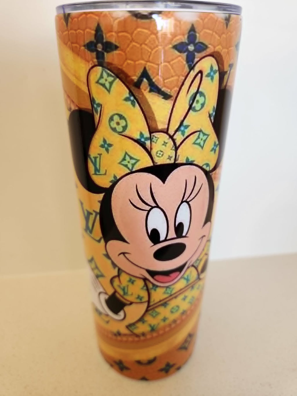 Orange Luxury Monogram Mouse tumbler - front view with cartoon mouse character