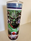 Green Warrior Mascot tumbler - front view with fierce warrior face and tribal markings