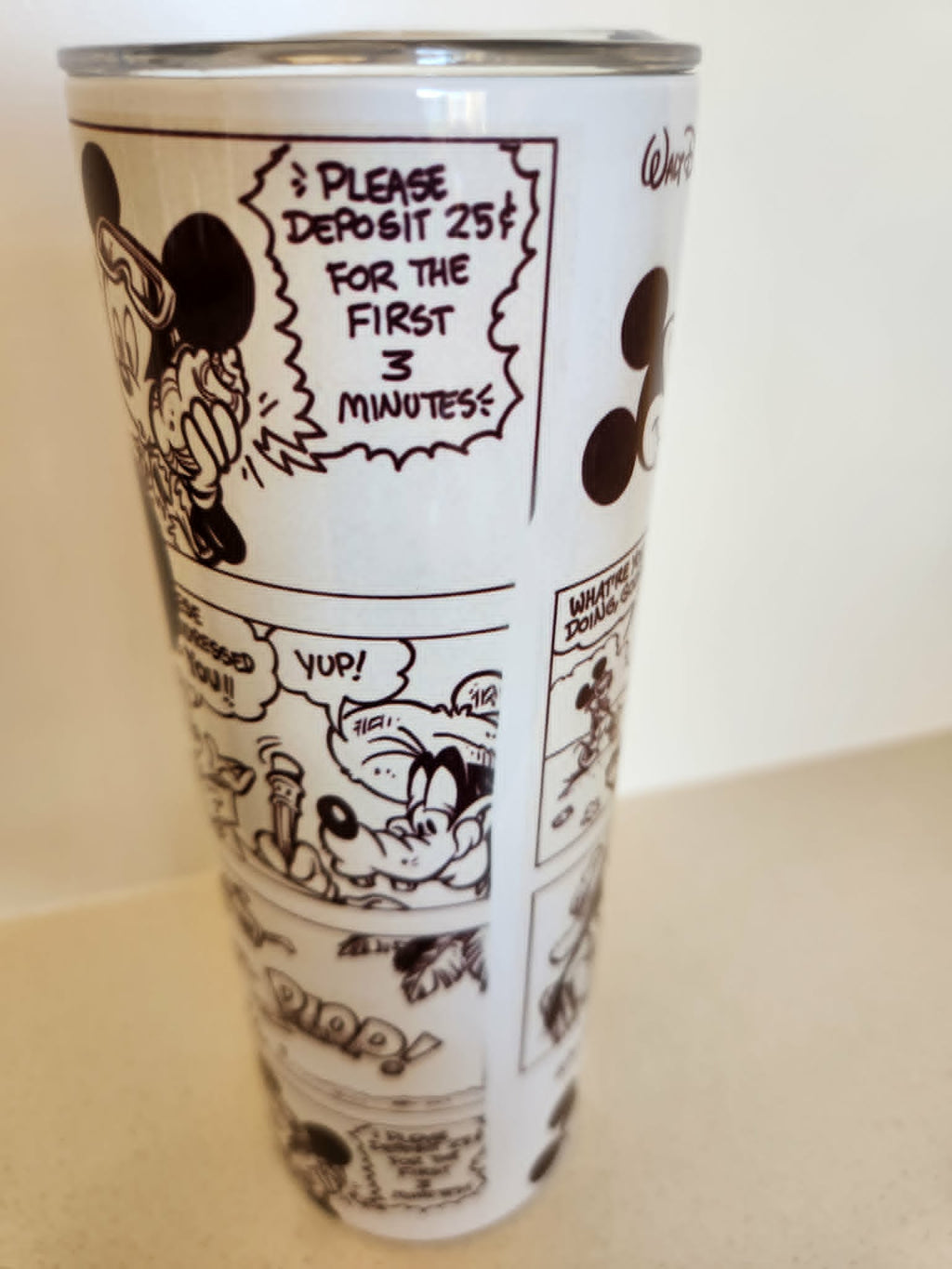Retro Comic Strip Mouse tumbler - back view with vintage black and white comic strip panels