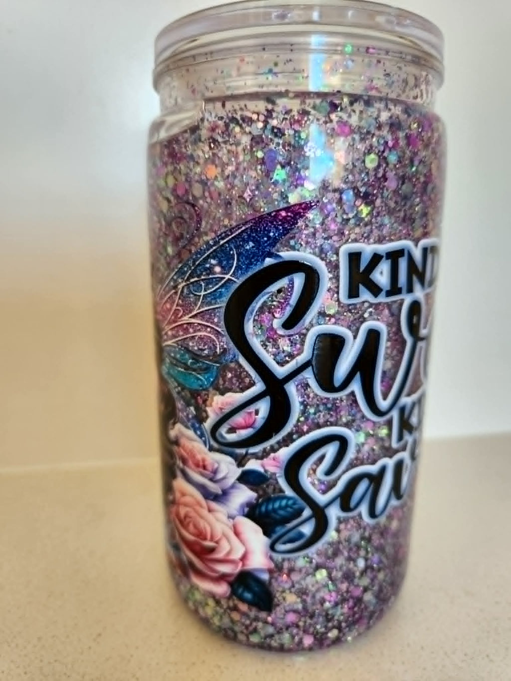 16oz Acrylic Snow Globe - Kinda Savage with roses and crescent moon side view