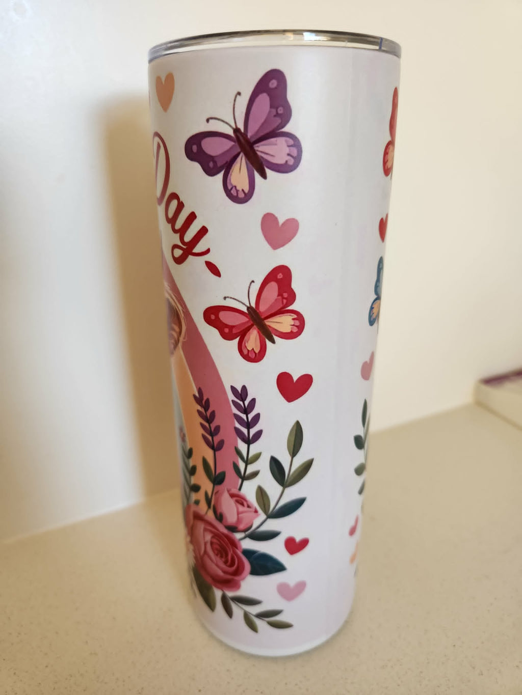 Happy Mother's Day glow tumbler - back view with butterflies and roses