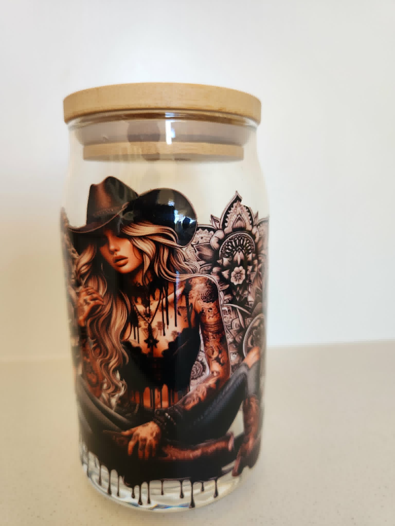 16oz Glass Libby Cup - Tattooed cowgirl with mandala artwork full wrap design