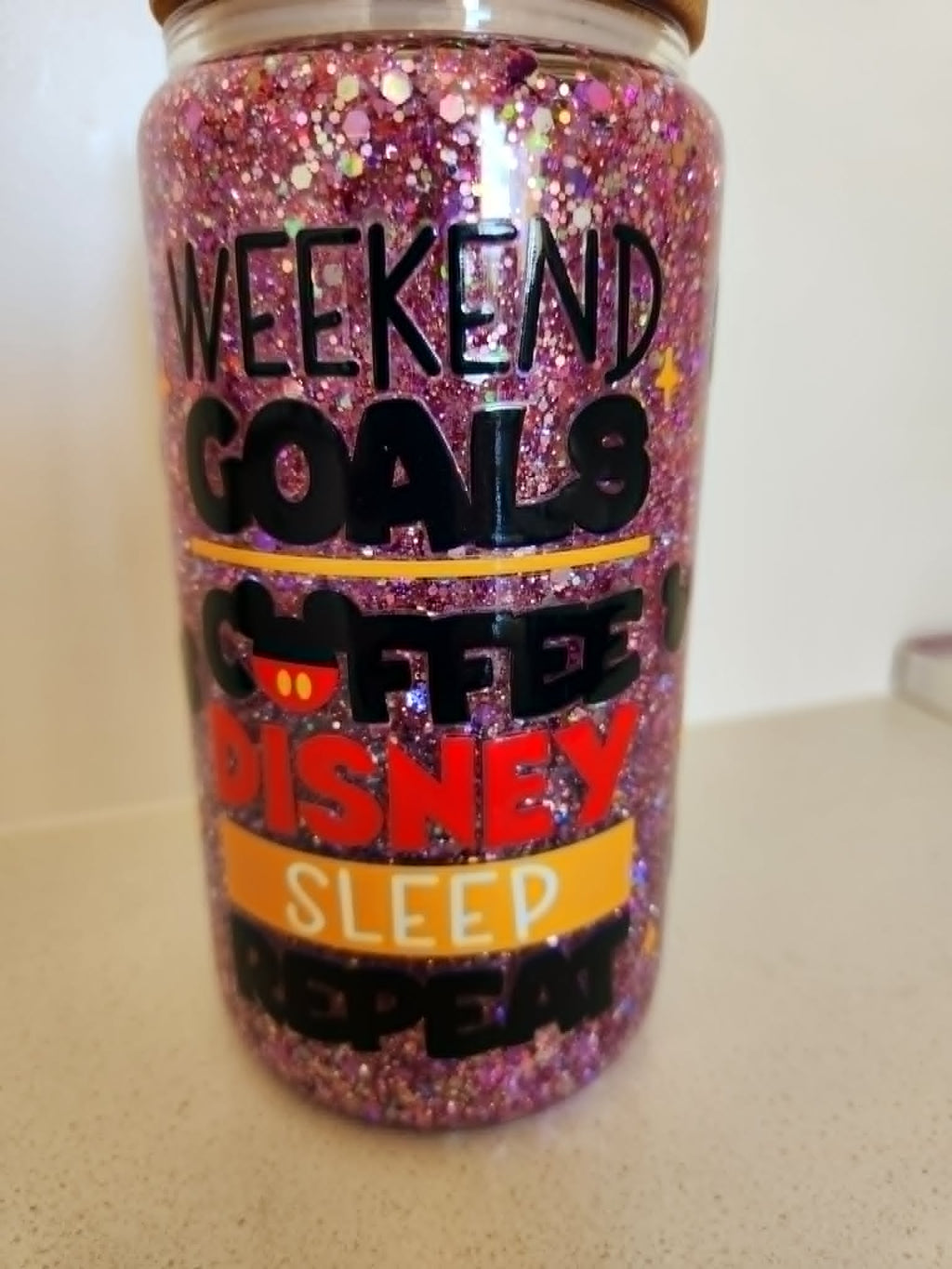 16oz Snow Globe Glass Libby Cup - Weekend Goals Disney text close up pink holographic glitter